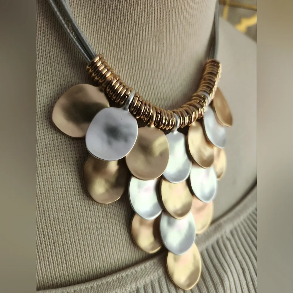 💛Goldtone and Silvertone🤍 Disc Statement Piece w/ Silvertone Cord Necklace - Picture 11 of 16